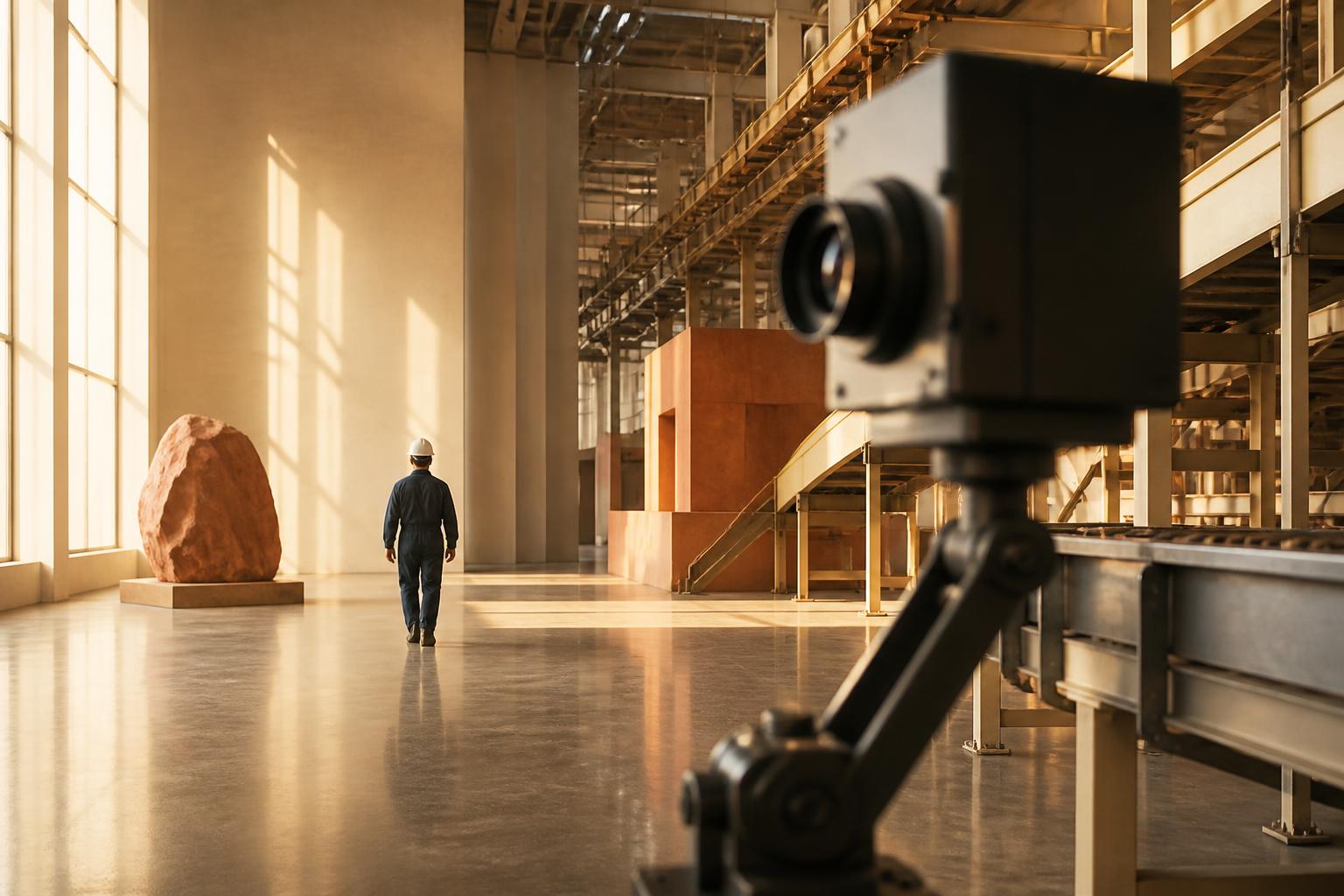 Industrial facility with mounted computer vision camera and worker on the floor